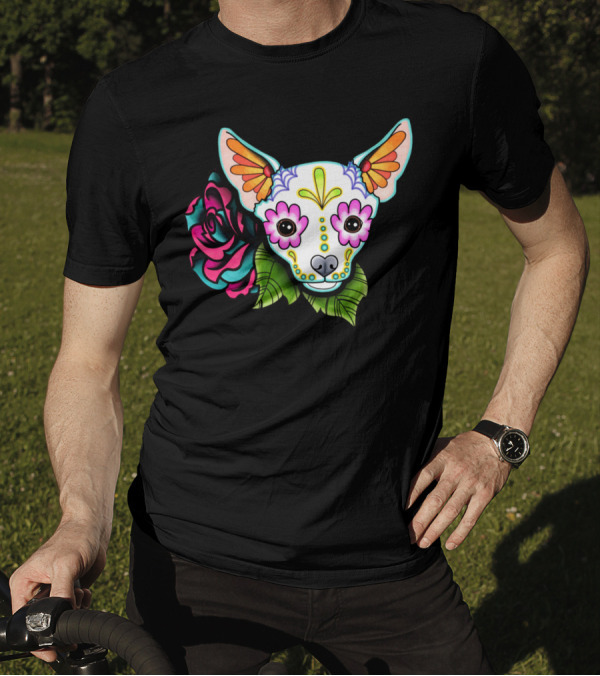 Chihuahua Day Of The Dead Sugar Skull With Colorful Flower And Green Leaves T-Shirt