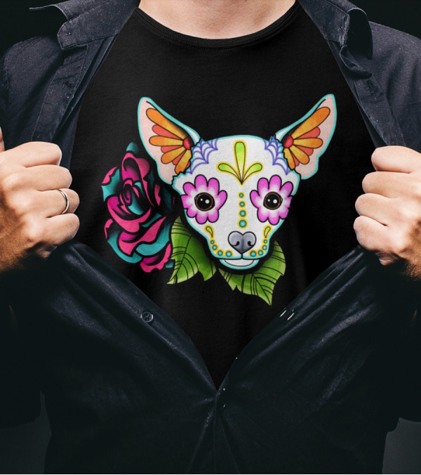 Chihuahua Day Of The Dead Sugar Skull With Colorful Flower And Green Leaves T-Shirt