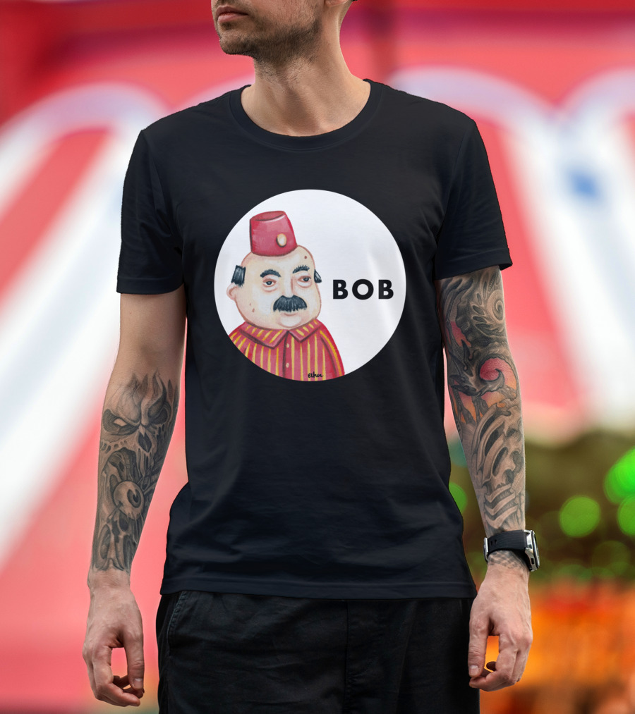 Bob Mustached Character with Red Hat and Striped T-Shirt