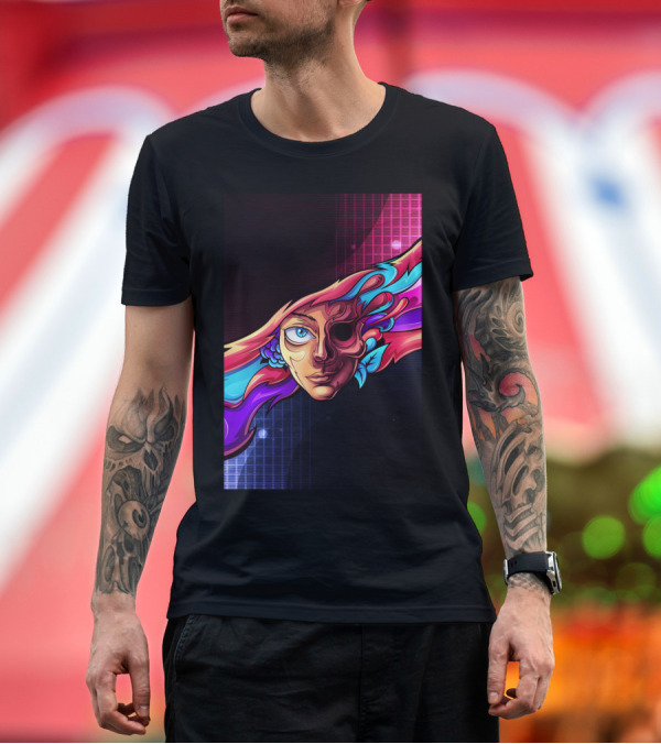 Premium T-Shirt: Crumbling Complexion Art Prin Colorful Surreal Half-Face w/ Fluid Waves T-Shirt Crumbling Complexion Art Prin Colorful Surreal Half-Face w/ Fluid Waves T-Shirt