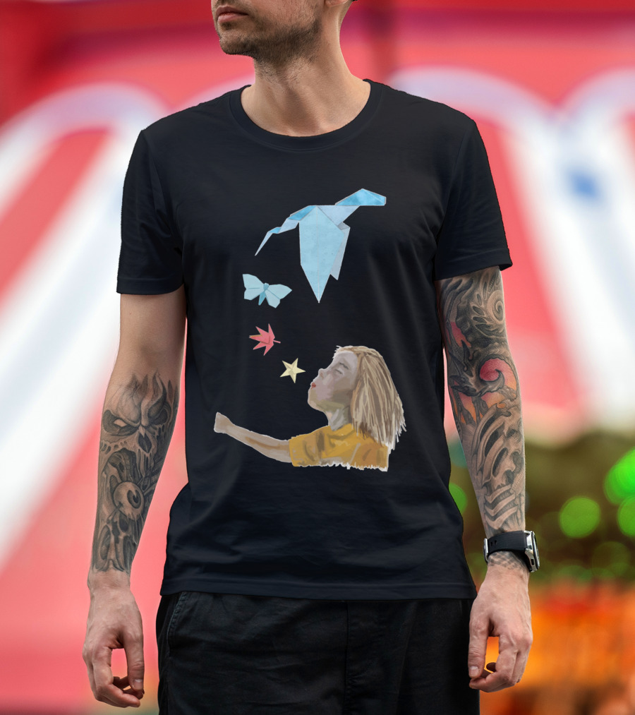 Child Blowing Origami Bird Butterfly Star T-Shirt