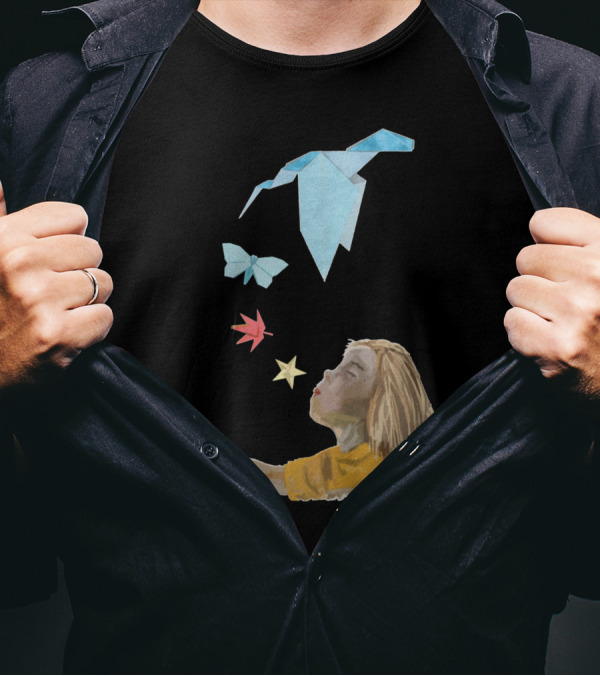 Child Blowing Origami Bird Butterfly Star T-Shirt