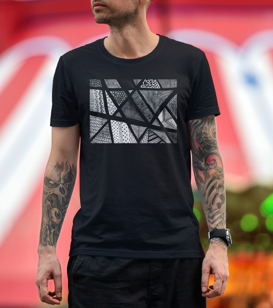 Geometric Doodle Pattern Black and White Triangular T-Shirt