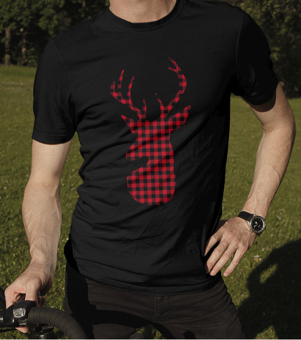 Elegant Red Plaid Deer T-Shirt