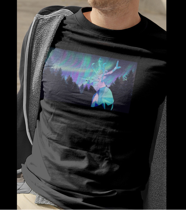 Aurora Borealis Geometric Reindeer Forest T-Shirt