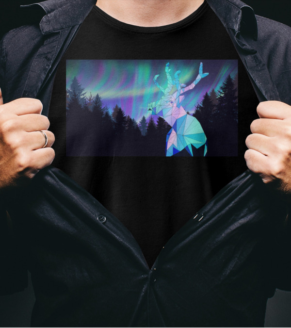 Aurora Borealis Geometric Reindeer Forest T-Shirt
