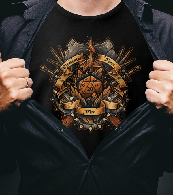 Elemental Force Fire D20 Dice Fantasy Emblem T-Shirt