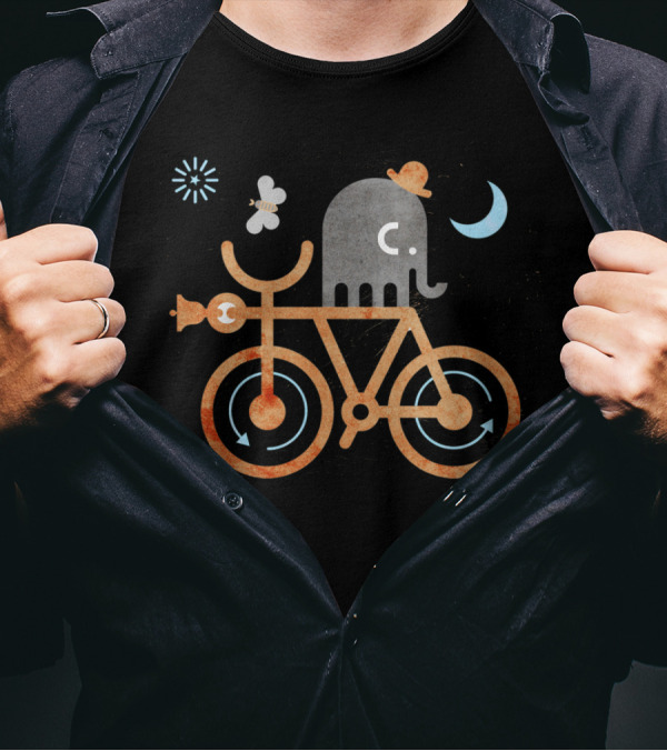 Elephant And Moth On Bicycle With Moon And Star Elements T-Shirt