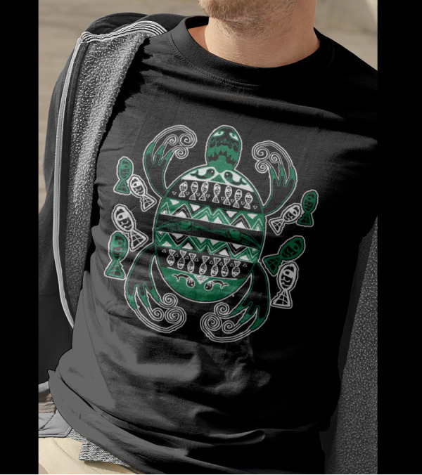 Turtle Flow Of Long Life Symbol With Spirals And Fish Elements T-Shirt