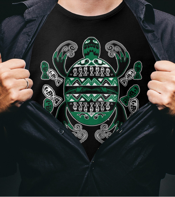 Turtle Flow Of Long Life Symbol With Spirals And Fish Elements T-Shirt