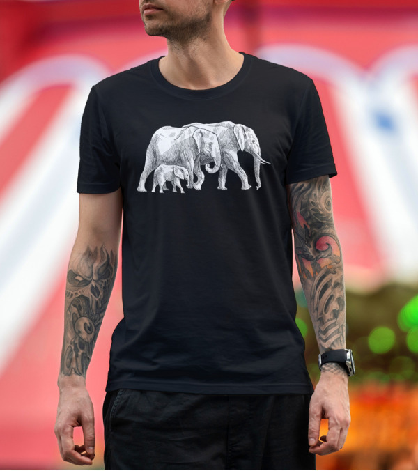 Premium T-Shirt: Elephant Family Walking Together Sketched T-Shirt Elephant Family Walking Together Sketched T-Shirt