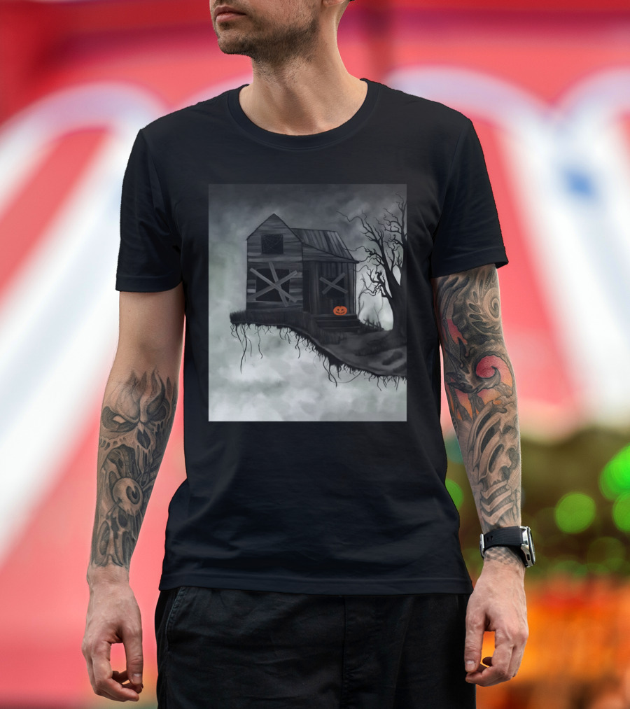 Haunted House with Creepy Tree and Smiling Pumpkin T-Shirt
