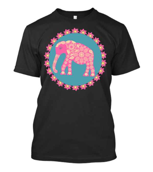 Elephant Pink Floral Pattern In Blue Circle With Pink And Yellow Flowers T-Shirt