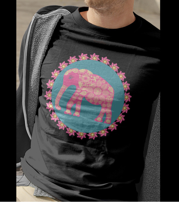 Elephant Pink Floral Pattern In Blue Circle With Pink And Yellow Flowers T-Shirt