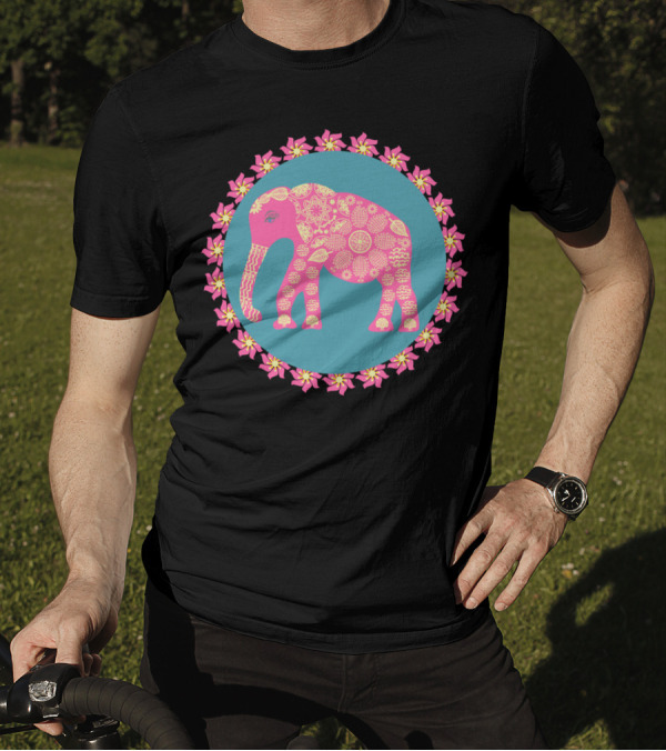 Elephant Pink Floral Pattern In Blue Circle With Pink And Yellow Flowers T-Shirt