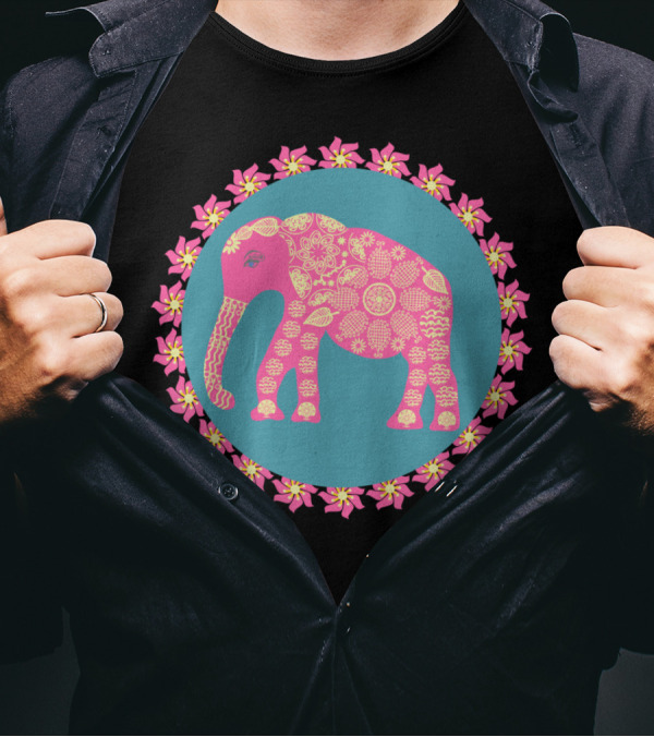 Elephant Pink Floral Pattern In Blue Circle With Pink And Yellow Flowers T-Shirt