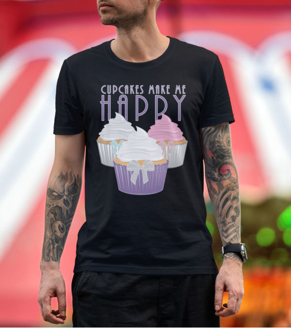 Premium T-Shirt: CUPCAKES MAKE ME HAPPY Colorful Pastel Cupcake Trio with Decorative Bows T-Shirt CUPCAKES MAKE ME HAPPY Colorful Pastel Cupcake Trio with Decorative Bows T-Shirt