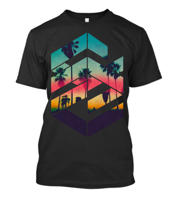 Geometric Palm Trees And Silhouettes In Vibrant Sunset Beach Scene T-Shirt