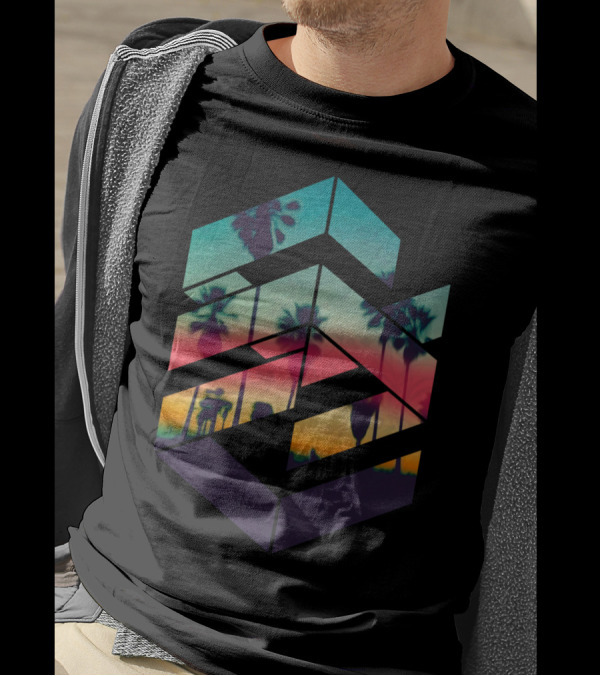 Geometric Palm Trees And Silhouettes In Vibrant Sunset Beach Scene T-Shirt