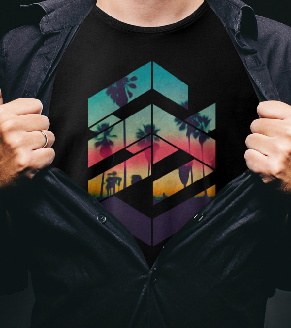 Geometric Palm Trees And Silhouettes In Vibrant Sunset Beach Scene T-Shirt