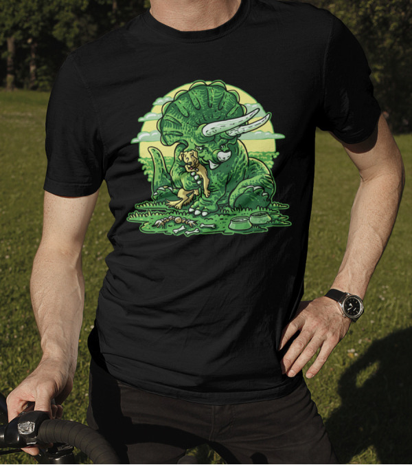 Triceratops Dinosaur Hugging Pet Dog With Bones And Bowls On Green Grass T-Shirt