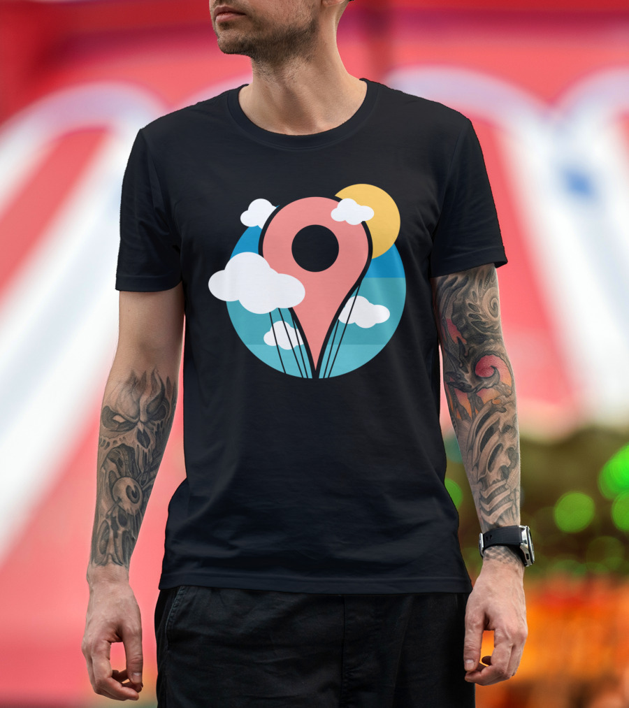 Nerdy Scenic Map Pin Hot Air Balloon Graphic with Clouds and Sun T-Shirt