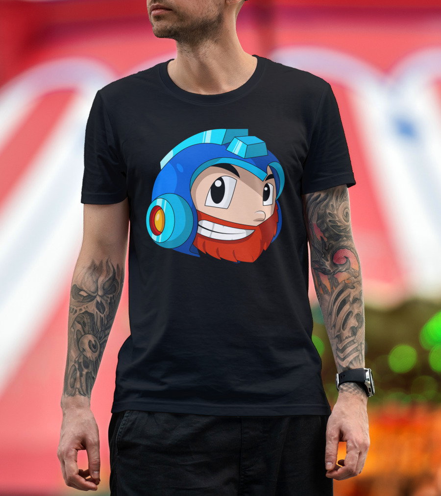 Scarfino Mega Man Inspired Bearded Helmet Cartoon T-Shirt