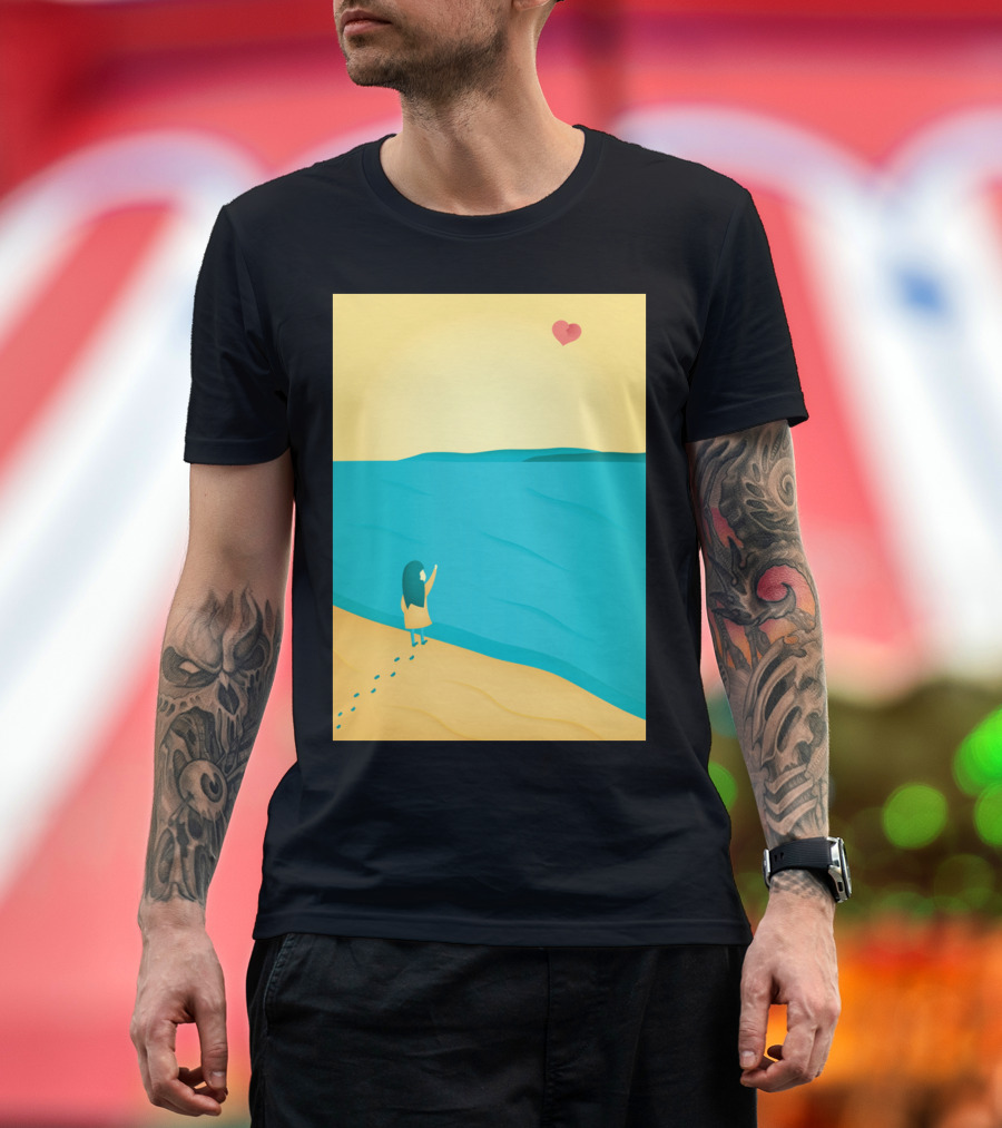 Heart Art Print B Girl Waving to Heart Over Ocean T-Shirt