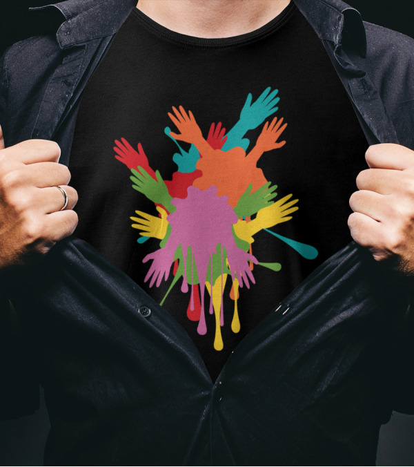 Colorful Gestures Vibrant Overlapping Hands Multicolor Burst T-Shirt