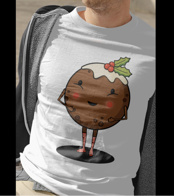 Just Pudding It Out There Festive Christmas Dessert Character With Holly And Candy Cane Stripes T-Shirt