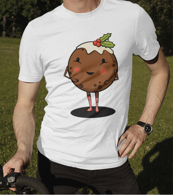 Just Pudding It Out There Festive Christmas Dessert Character With Holly And Candy Cane Stripes T-Shirt
