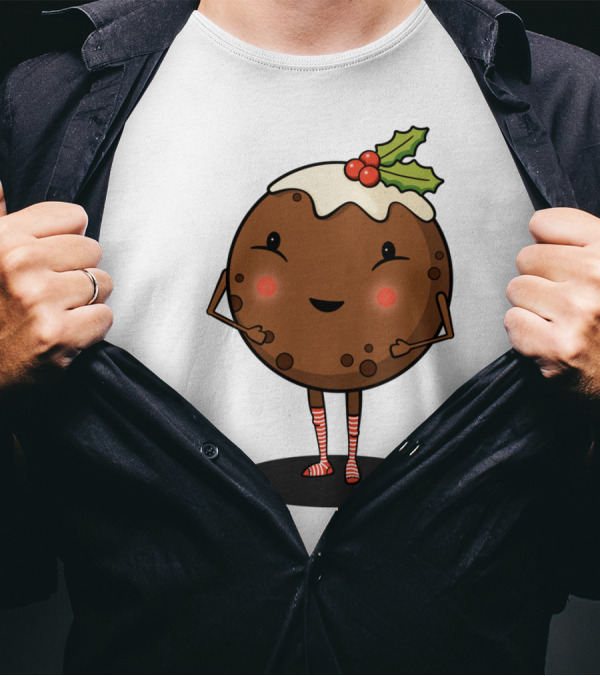 Just Pudding It Out There Festive Christmas Dessert Character With Holly And Candy Cane Stripes T-Shirt