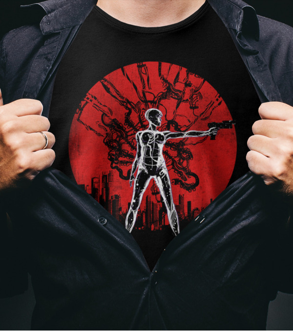 Ghost In The Machine Sci-Fi Cybernetic Warrior Against Red Cityscape Circle T-Shirt