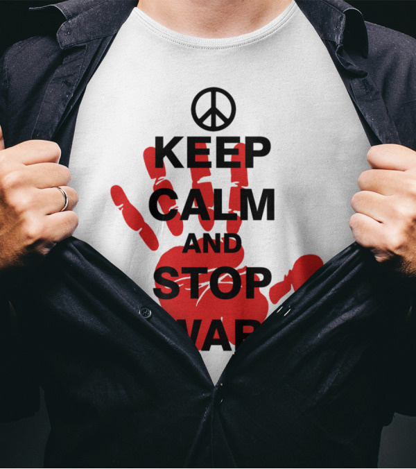 Keep Calm And Stop War Peace Symbol Red Handprints T-Shirt