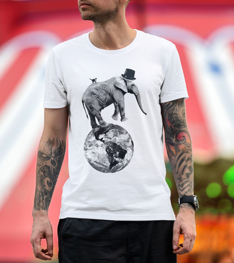Elephant Balancing on Earth with Hat and Mouse T-Shirt