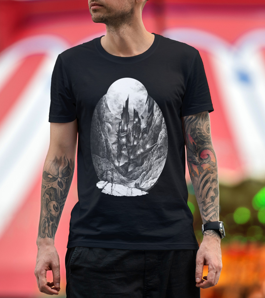 City In The Far Future: Futuristic Skyline with Towering Structures and Rocky Landscape T-Shirt