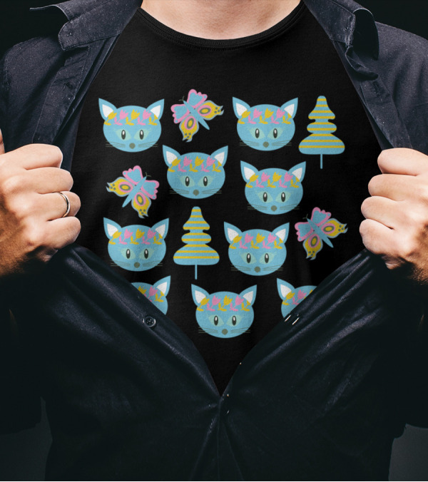 Blue Cats With Butterflies And Trees T-Shirt