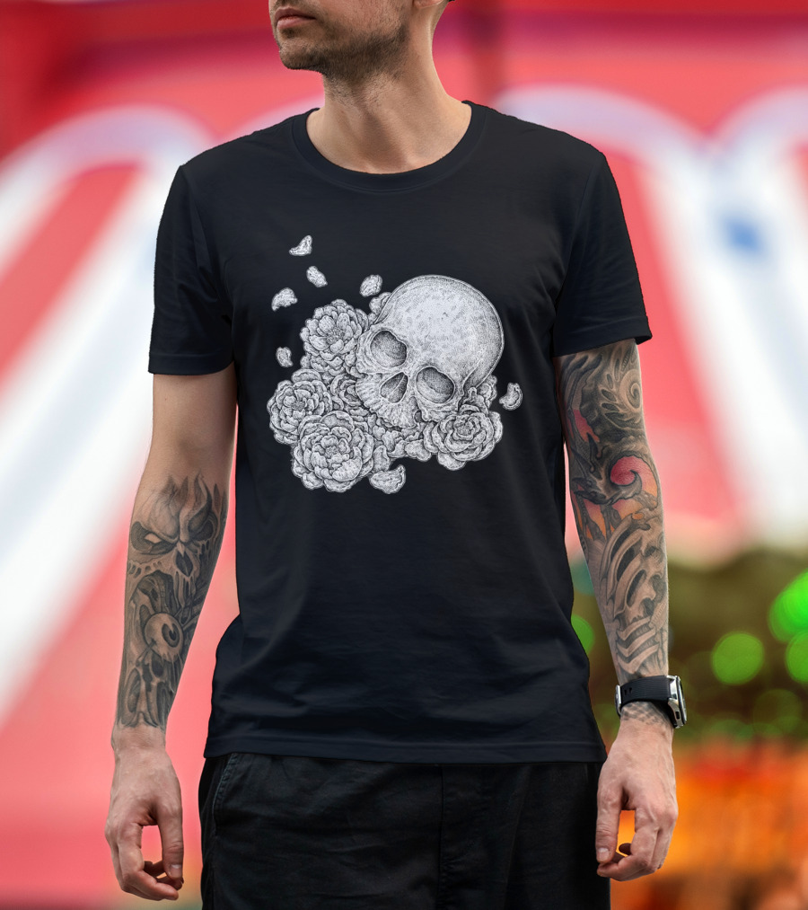 Breathing Of Life Skull and Flowers with Petals T-Shirt