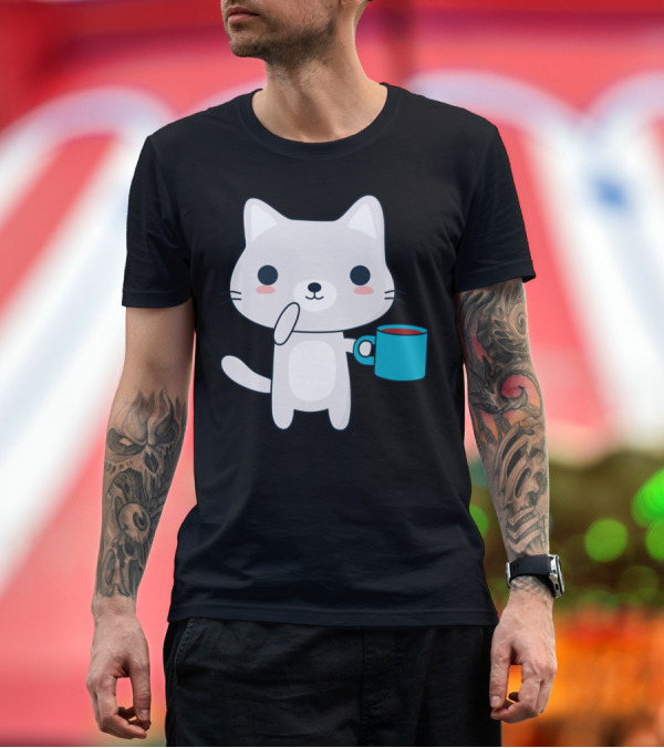 Premium T-Shirt: Cute Coffee Cat Holding Blue Mug T-Shirt Cute Coffee Cat Holding Blue Mug T-Shirt