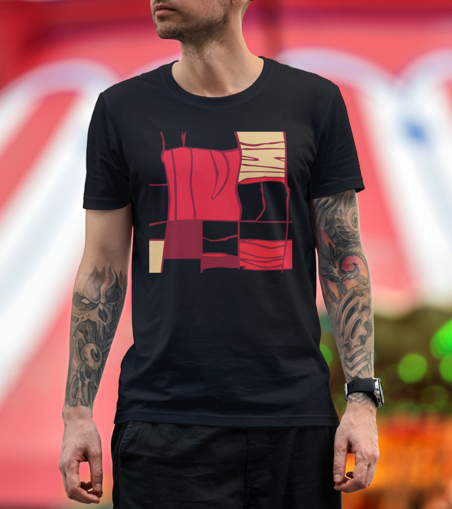 Bacondrian Use Abstract Geometric Red and Beige Squares T-Shirt