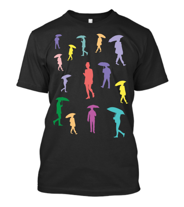 Girl With A Smartphone In The Rain Silhouettes With Umbrellas In Colorful Arrangement T-Shirt