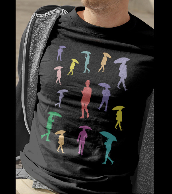 Girl With A Smartphone In The Rain Silhouettes With Umbrellas In Colorful Arrangement T-Shirt
