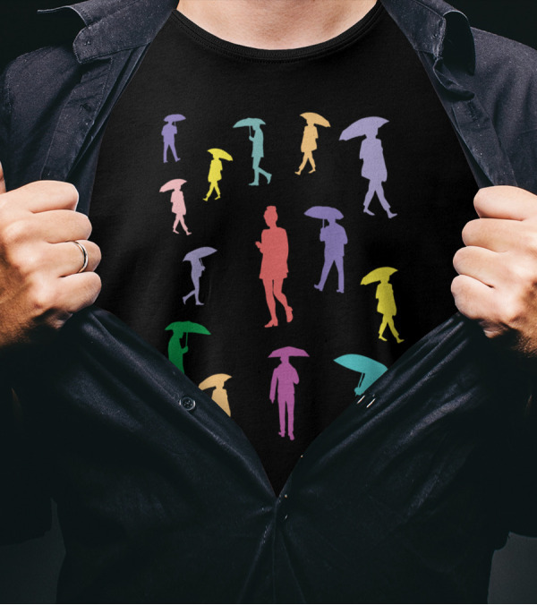 Girl With A Smartphone In The Rain Silhouettes With Umbrellas In Colorful Arrangement T-Shirt
