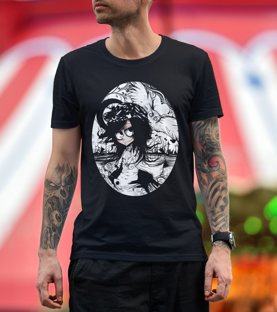 Girl With Owl in Monochrome Fantasy T-Shirt