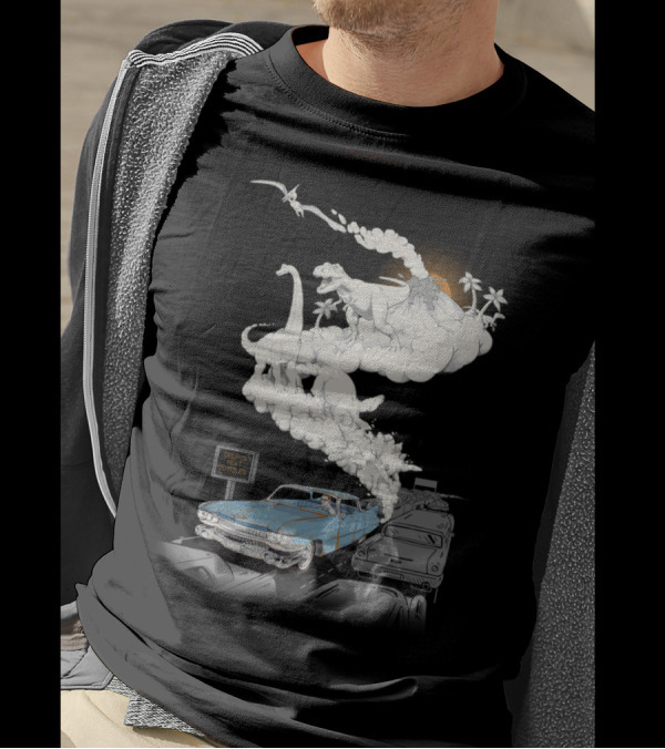 Dinosaurs Erupt From Vintage Car Exhaust In Traffic Jam With Delays Ahead Sign T-Shirt