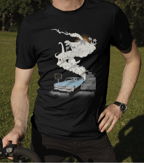 Dinosaurs Erupt From Vintage Car Exhaust In Traffic Jam With Delays Ahead Sign T-Shirt