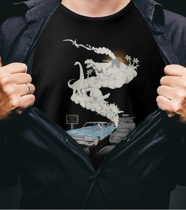Dinosaurs Erupt From Vintage Car Exhaust In Traffic Jam With Delays Ahead Sign T-Shirt