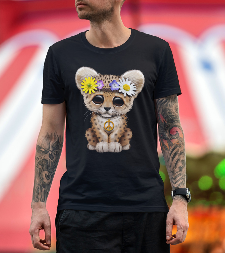 Cute Hippie Leopard Cub with Peace Sign and Flower Crown T-Shirt