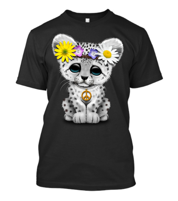 Cute Hippie Snow Leopard Cub Peace Sign Flower Crown T-Shirt