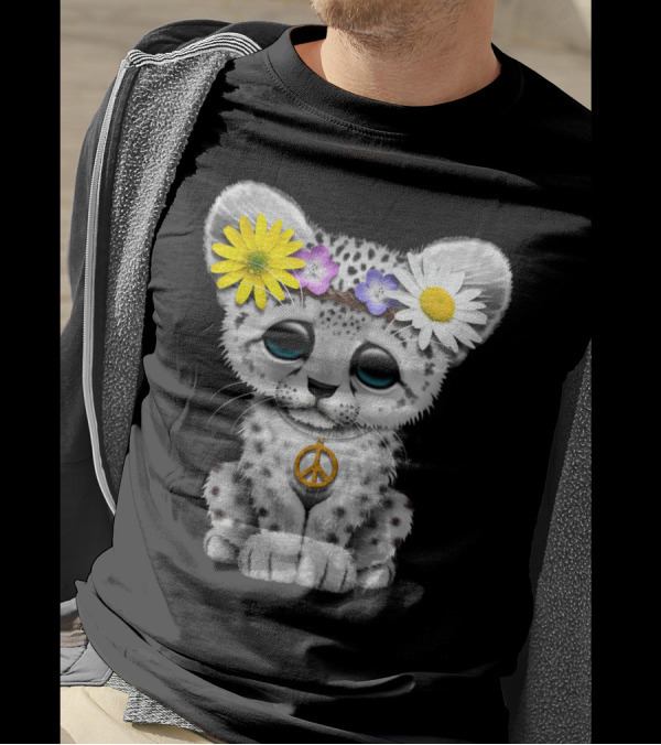 Cute Hippie Snow Leopard Cub Peace Sign Flower Crown T-Shirt